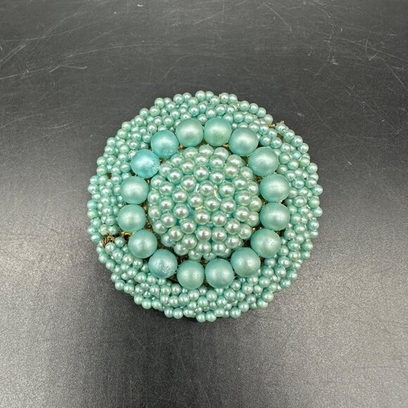 Vintage Beaded Brooch Pin 1950s Turquoise Japan Round Faux Pearls Retro Fashion - Picture 2 of 10